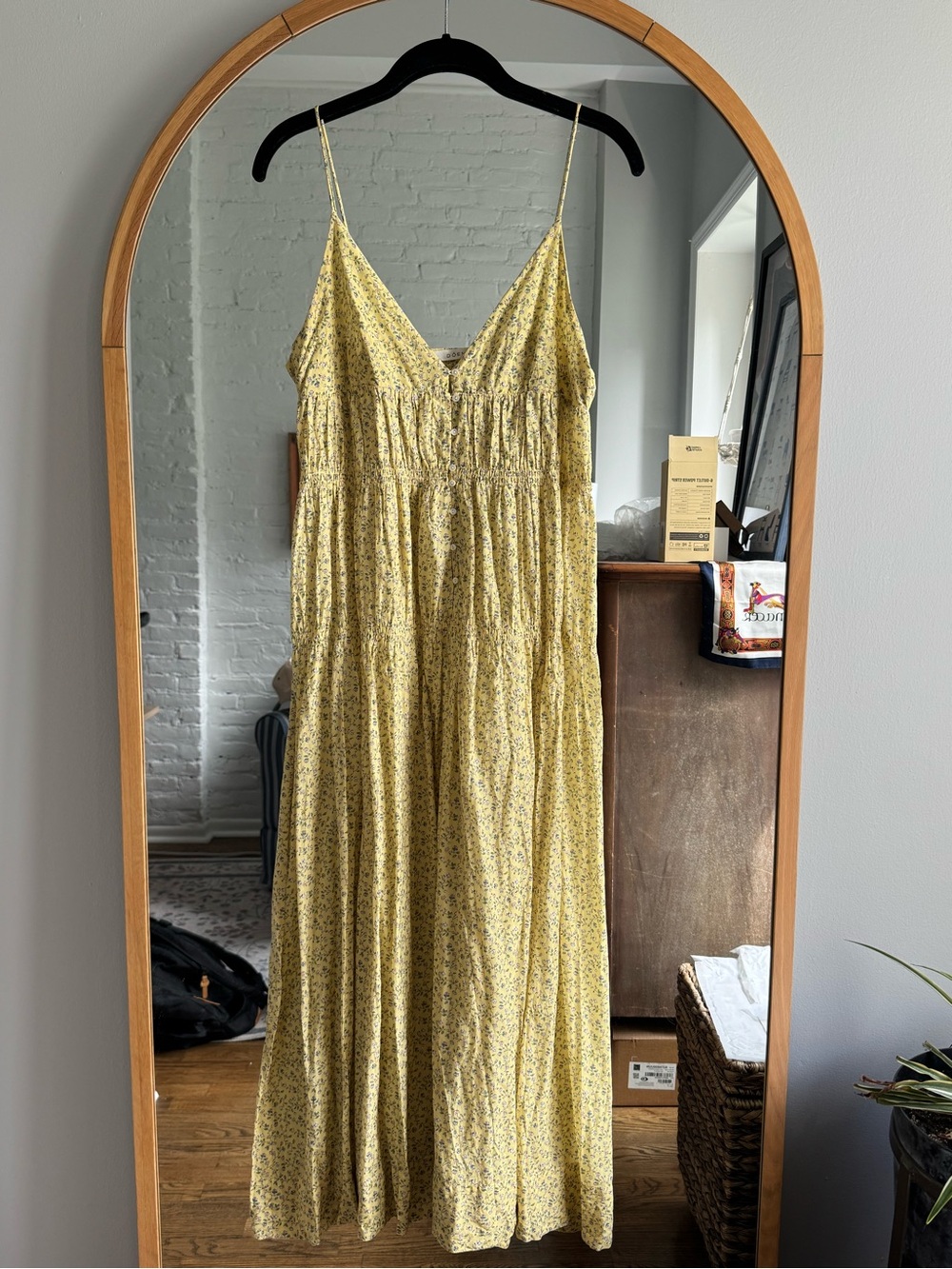 DOEN Irina Dress in Moonflower Yellow Floral Maxi Sundress with Spaghetti Straps